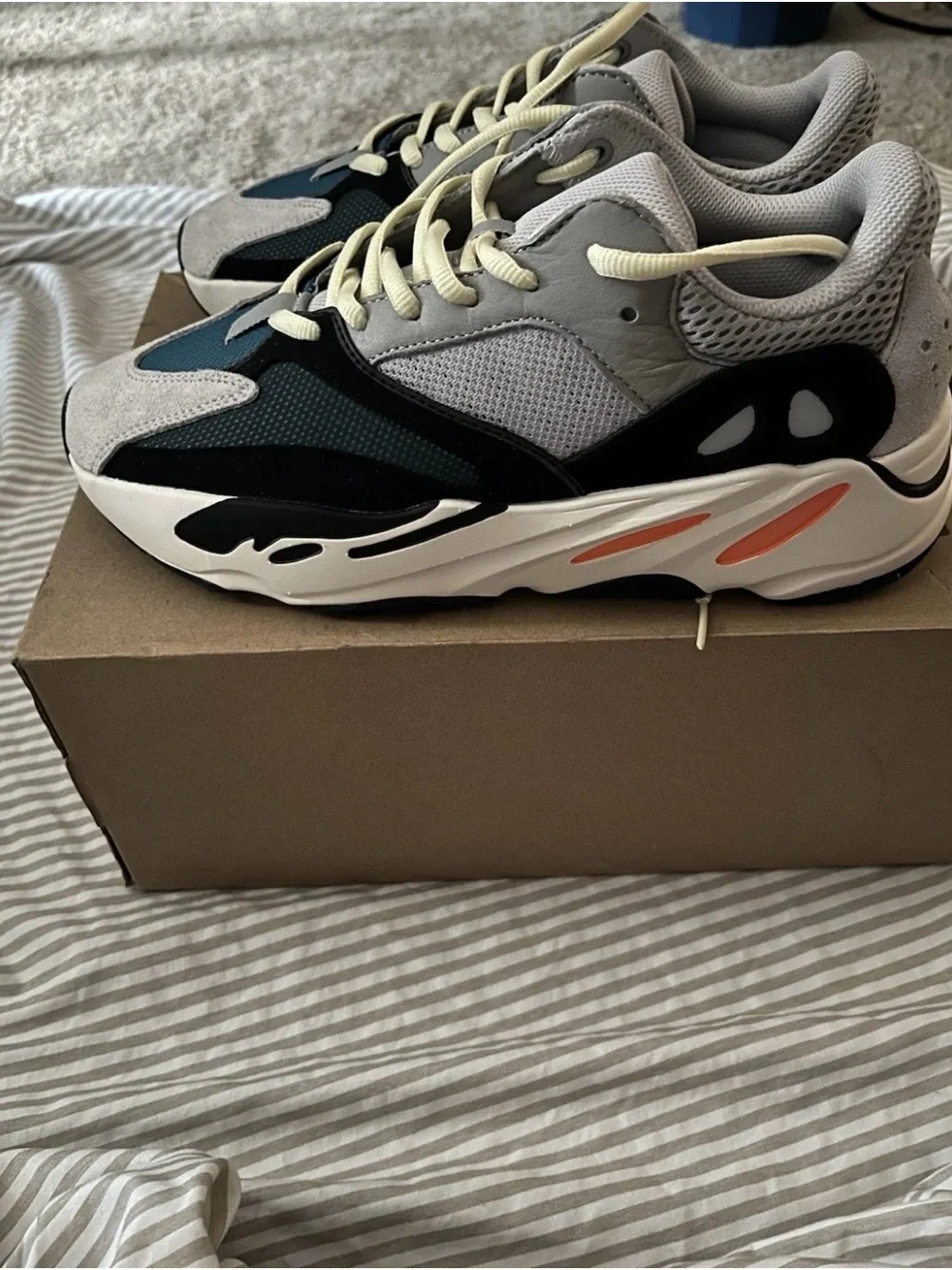 adidas Yeezy Men’s Athletic Sneakers in Black, Gray, White with Orange Accent